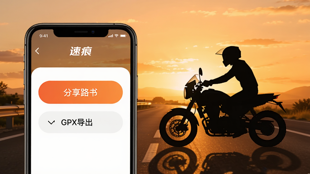 一张展示“速痕”APP路线分享功能的图片,画面中一部手机屏幕显示“分享路书”按钮和GPX导出选项,旁边有摩托车和骑行者的剪影,背景是夕阳下的公路,风格温暖简洁,画质干净,无多余元素