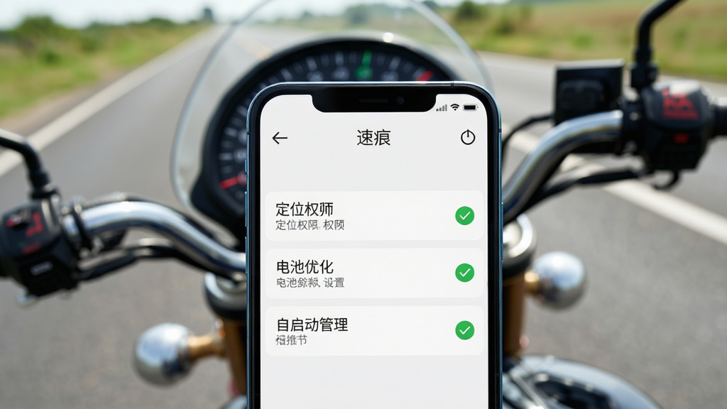 一张展示手机安装“速痕”APP后权限设置界面的图片,画面中手机屏幕显示定位权限、电池优化、自启动管理三个设置项,每个设置项旁边有绿色对勾标记,界面风格简洁明了,背景是摩托车仪表盘和公路的虚化画面,画质干净,无多余元素