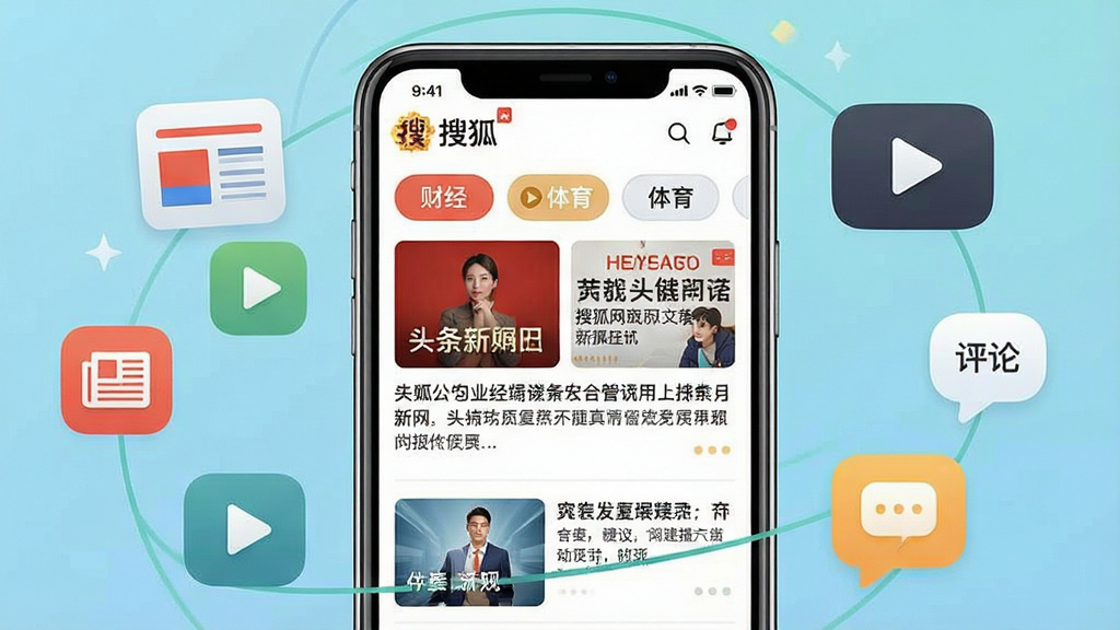 一张展示搜狐网App核心界面的宣传图,画面主体是一部智能手机,手机屏幕显示搜狐网新闻首页信息流,包含头条新闻、财经、体育等频道标签,手机周围环绕着新闻图标、视频播放按钮、评论气泡等元素,布局居中,排版清晰,风格现代扁平化,细节圆润,画质干净清晰,无多余元素