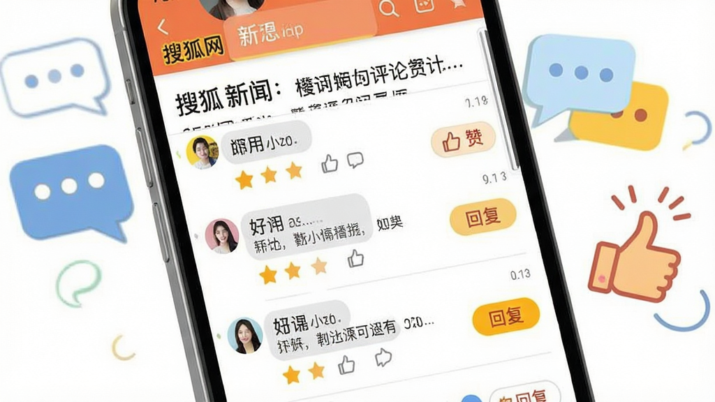 一张展示搜狐网App评论互动界面的图片,画面主体是手机屏幕显示一篇新闻文章底部的评论区,包含多条用户评论、点赞图标、回复按钮,手机旁边有对话气泡和点赞手势的装饰元素,布局简洁明了,风格轻松活泼,细节清晰,画质干净,无多余元素