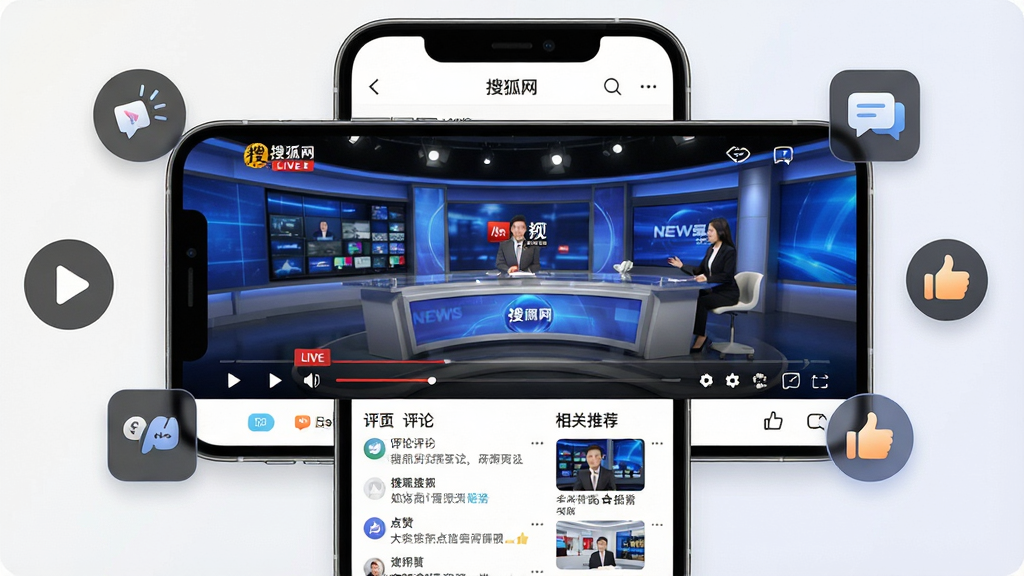 一张展示搜狐网App视频播放功能的场景图,画面主体是手机横屏播放新闻直播视频,视频画面中包含新闻演播室场景,手机下方显示评论区和相关推荐列表,周围环绕着视频播放按钮、弹幕图标、点赞手势等元素,布局层次分明,风格现代科技感,细节清晰,画质干净,无多余元素