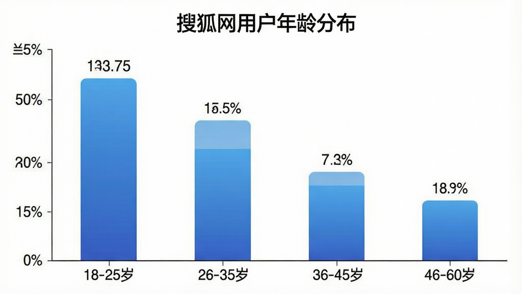 一张展示搜狐网App用户年龄分布的柱状图,图表标题为“搜狐网用户年龄分布”,横轴为年龄段18-25岁、26-35岁、36-45岁、46-60岁,纵轴为用户占比百分比,柱状图颜色为蓝色渐变,背景干净白色,数据标签清晰可见,风格简洁专业,画质干净,无多余元素