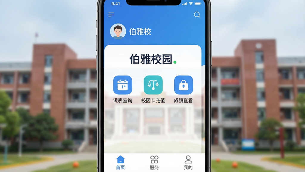一张展示手机屏幕的图片,屏幕中央是“伯雅校园”App的主界面,界面以蓝白配色为主,顶部显示用户头像和姓名,中间有课表查询、校园卡充值、成绩查看三个功能图标,底部是首页、服务和我的三个选项卡,背景是模糊的校园教学楼,整体风格清新简洁,画质清晰,无多余元素