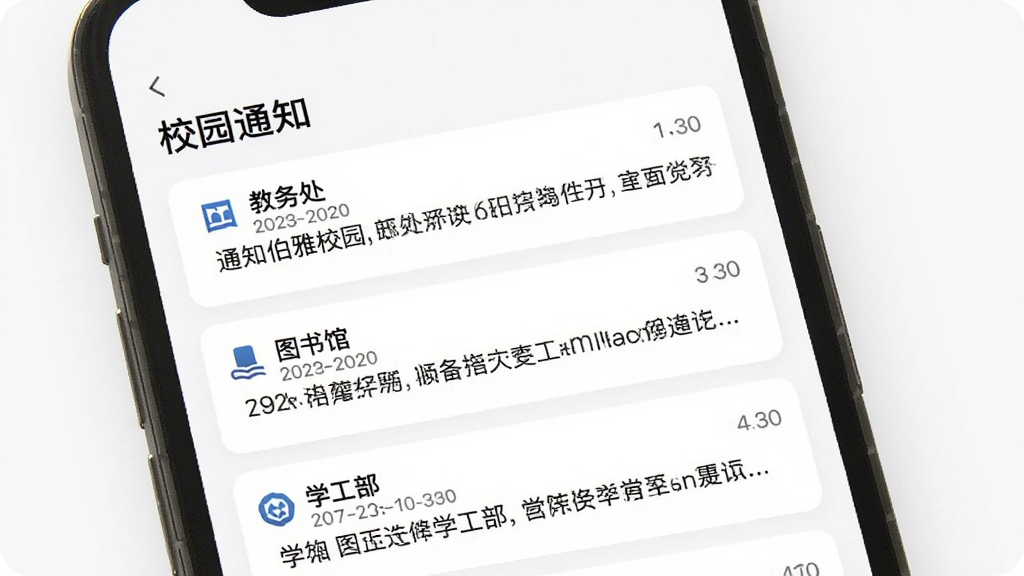 手机屏幕展示“伯雅校园”的通知聚合页面,页面顶部有“校园通知”标题,下方是几条通知卡片,分别标注“教务处”“图书馆”“学工部”等来源,卡片上有时间戳和摘要文字,背景是白色,风格极简,画质清晰,无多余装饰