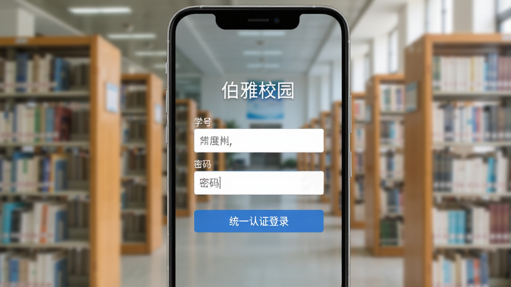 一部安卓手机屏幕显示“伯雅校园”的登录界面,界面上有学号输入框和密码输入框,下方有“统一认证登录”按钮,背景是校园图书馆的虚化照片,风格清爽,画质清晰,无杂乱元素