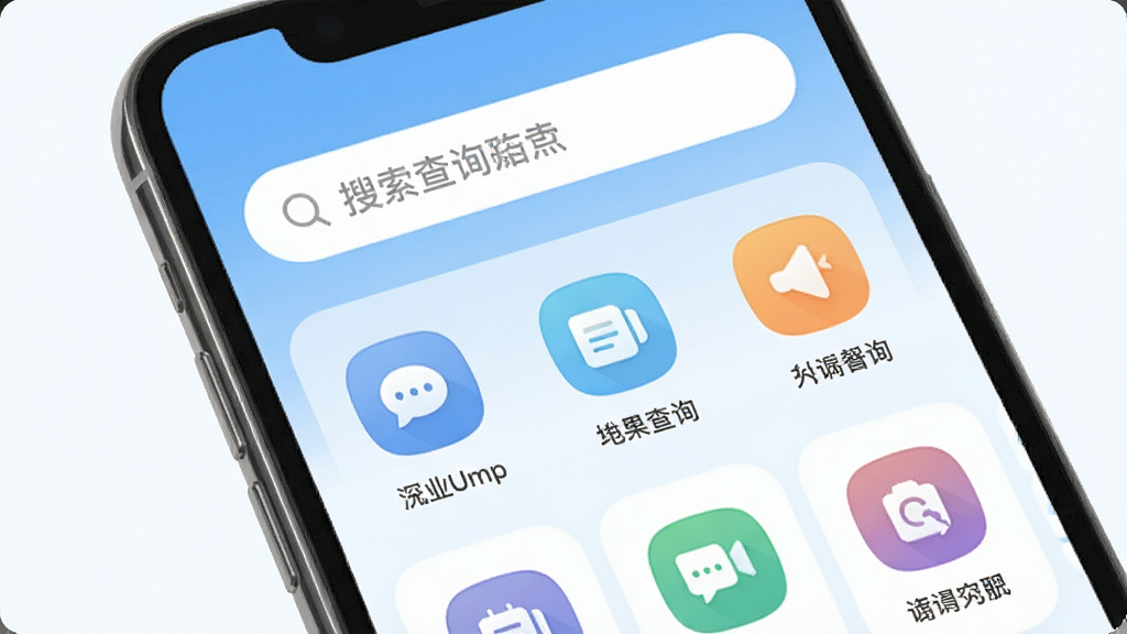 һ���ֻ���Ļչʾ���棬�������������˲�ѯApp�����棬������������Ŀ���·����ж����ѯ����ͼ�꣬����Ϊǳ��ɫ���䣬���岼�ּ�࣬��ƽ����Ʒ��ϸ��Բ�󣬻��ʸɾ����޶���Ԫ��