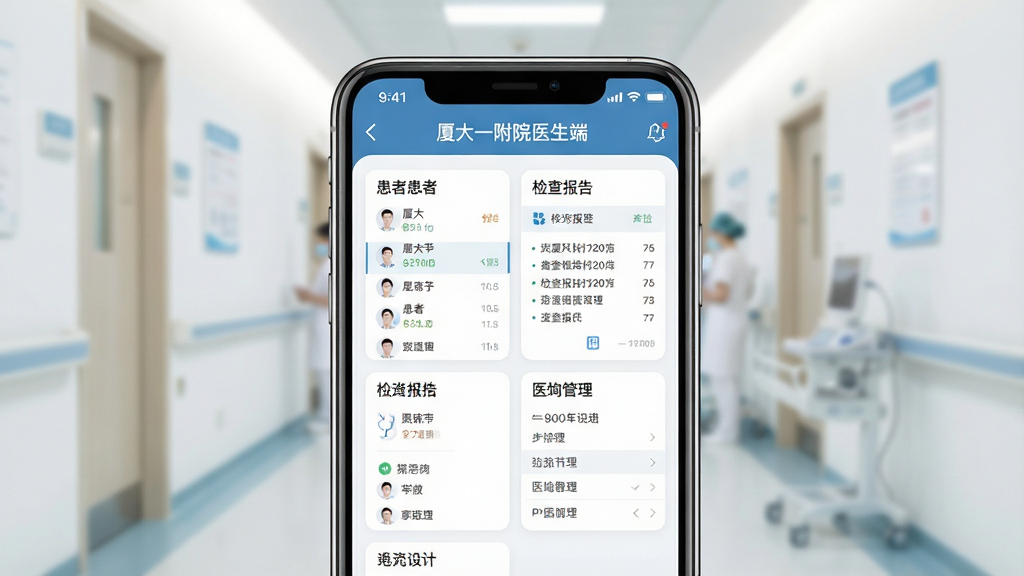 һ��չʾ�ô�һ��Ժҽ����App���Ľ����ͼƬ��������һ�������ֻ���Ļ����Ļ����ʾҽ������̨���棬���������б�����鱨�桢ҽ��������ģ�飬���������������С��ô�һ��Ժҽ���ˡ������������Ǹɾ���ҽԺ�����黯����������ִ���Լ��ϸ��Բ�󣬻��������ɾ����޶���Ԫ��