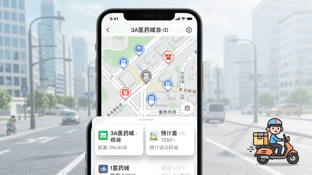 һ��չʾ3Aҽҩ�Ǹ���ҩ�����͹��ܵ�ͼƬ���������ֻ���Ļ��ʾ3Aҽҩ��APP�ĵ�ͼ��ҩ���棬��ͼ���ж��ҩ��λ�ñ�ǵ㣬��Ļ�·�����ҩ���б���Ƭ��ʾ�����Ԥ���ʹ�ʱ�䣬����һ����һ���������͵Ŀ�ͨͼ�꣬���岼��ֱ�ۣ�������ִ��������������ϸ���ϵ�ͼ��·��������Ƭ��Ӱ��Ȼ�����ʸɾ��޶���Ԫ�ء�