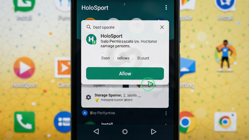 һ��չʾHoloSport�ڰ�׿�ֻ��ϰ�װȨ�����õ�ͼƬ���������ֻ���Ļ��ʾӦ�ð�װ���棬�����Ϸ���Ȩ�����󵯴����м���������װ��ť���·��Ǵ洢�ռ���ʾ���Ű����������ϵͳԭ����ϸ���ϰ�ť�и���������Ϊ�ֻ����棬���ʸɾ��޶���Ԫ�أ���Ļ�д������֡�HoloSport����