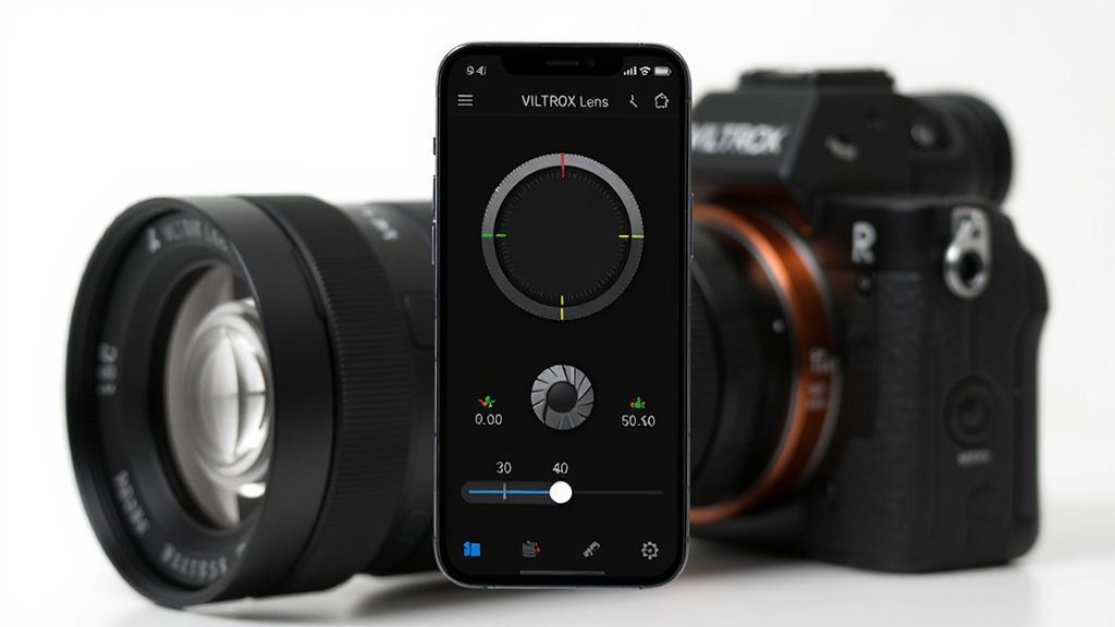 һ��չʾVILTROX Lens������������ֻ�Ч��ͼ������������һ�������ֻ�����Ļ����ʾ��VILTROX Lens��App���棬��������ɫΪ�����о޴��Բ�ζԽ����͹�Ȧ��ֵ���ڻ��飬�����黯����Լ�ɼ�һ̨������Ψ׿�˾�ͷ��΢�������������Ƽ���ʮ�㣬���������ɾ����޶���Ԫ��