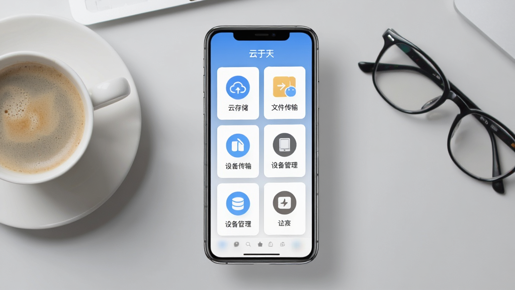 ����������һ�������������ֻ����棬������չʾ�������족App�Ĺ��ܿ�Ƭ���У���Ƭ�����ƴ洢���ļ����䡢�豸������ͼ�꣬ͼ���·������ı�ǩ��������ǳ��ɫ����̨���Ա���һ�����Ⱥ�һ���۾����Ű���ø����ӽǣ��ֻ����С����Ϊдʵ�����UIչʾ��ϣ�ϸ�ڰ����ֻ��߿򷴹��ͼ����Ӱ�����ʸɾ���������Ԫ�ء�