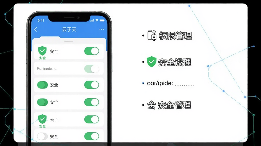 ����չʾ�������족App��Ȩ�޹�������ҳ���ͼ��ʽ���������ж�����ذ�ť���Ա�����һ����ɫ�Ķ���ͼ��͡���ȫ�������������Ǹɾ��İ�ɫ���Ű��������ֻ����桢�Ҳ����ֱ�ע�ĶԱȲ��֡����Ϊ��Ϣͼ�����ϸ��������������ࡣ���ʸ��壬�޶���װ��Ԫ�ء�