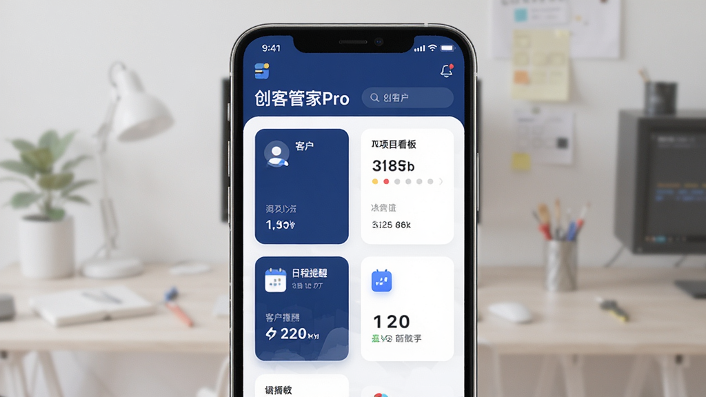 ���͹ܼ�Pro Ӧ��������ȫòչʾ���ֻ���Ļ���У���Ļ����ʾ�ۺϹ�����壬����������ܿ�Ƭ��ͻ���������Ŀ���塢�ճ����ѣ�����������ɫ�Ͱ�ɫΪ��ɫ�������ּ������������ִ���ƽ��ͼ��Բ�󣬻��ʸɾ��޶���Ԫ�أ��߷ֱ��ʣ�UI���չʾͼ