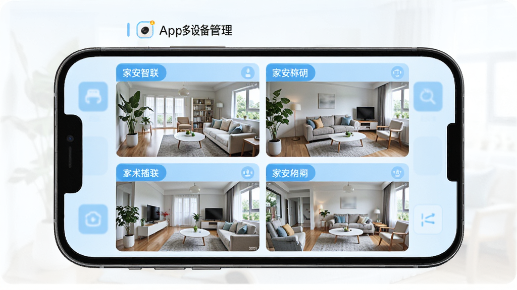 һ��չʾ�Ұ�����APP���豸���������ͼƬ���������ֻ���Ļ��ʾ���ĸ���ͬ����ļ�ػ�������ͼ��ÿ�������Ϸ����豸���Ʊ�ǩ�������԰�ɫ��ǳ��ɫΪ��ɫ�����������룬�����ˬ�����ʸɾ����޶���Ԫ�ء�