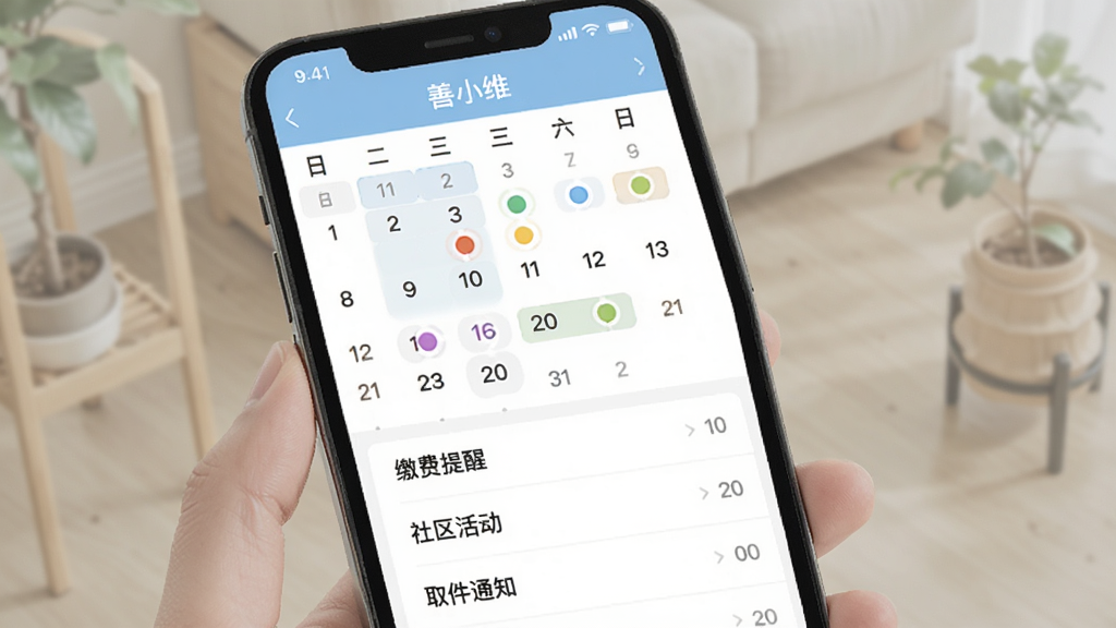 ��Сά�������ѹ��ܽ��棬����չʾ�ֻ���Ļ���ճ̹���ҳ�棬������ͼ�ϱ�ע�˲�ͬ��ɫ����������Բ�㣬�·��б���ʾ