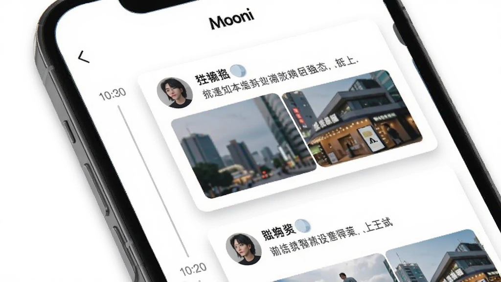 һ��չʾMooni��̬�㳡�����AI��ͼ�������������ֻ���Ļ����Ļ����ʾ�Ű�ʱ��˳�����е��û���̬��Ƭ��ÿ�ſ�Ƭ�����û�ͷ���ǳơ��������ݺ���ͼ�����汳���Ǵ���ɫ����Ƭ����΢����Ӱ����񼫼򣬻��ʸɾ�����Ļ�Ϸ��С�Mooni��������