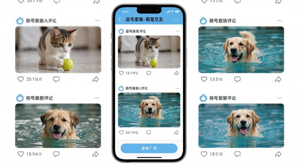 �ֻ���Ļ��ʾ�����ż���-�ȳ轻�ѡ��Ķ�̬�㳡���棬ҳ�����ж���������ӣ�����è�����򡢹�����Ӿ����Ƭ��ÿ�������·��е��޺�����ͼ�꣬����ײ��з�����ť������������죬���ʸɾ����޶���Ԫ��