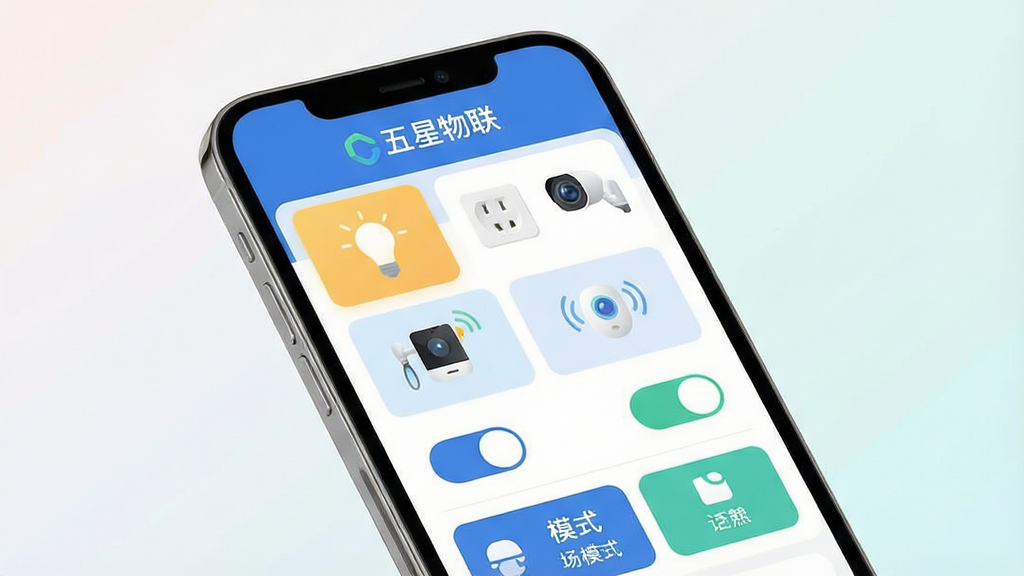 һ��չʾ������������App���Ľ����ͼƬ������������һ���ִ����������ֻ�����Ļ��ʾ�������豸������壬���������������С����������������ֱ�ʶ���м��Ǹ��������豸��ͼ�꿨Ƭ������ݡ�����������ͷ�ȣ��·��п��ƿ��غͳ���ģʽ��ť�������Ű��࣬���Ϊ��ƽ���Ƽ��У�ϸ�ھ��£����ʸɾ����޶���Ԫ�أ�����Ϊ��͵�ǳɫ���䡣