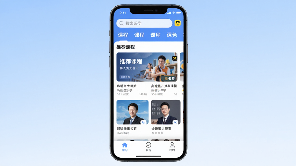 ��;��ѧApp������ȫòչʾ���ֻ���Ļ���з��ã���Ļ����ʾ��;��ѧӦ����ҳ���������������Ϳγ̷����ǩ���м����Ƽ��γ̿�Ƭ����ʦͷ�񣬵ײ�Ϊѧϰ�����֡��ҵ�����������������Ϊǳ��ɫ���䣬���������¼�࣬���ʸɾ����޶���Ԫ��