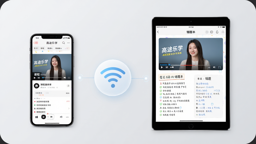 ��;��ѧ���豸ͬ��ѧϰ����������������ֻ���ʾ�γ̲��Ž��棬�Ҳ���ƽ����ʾͬһ�γ̵ıʼǺʹ��Ȿҳ�棬�м�������ͬ��ͼ�����ӣ�����Ϊǳ��ɫ�������Ƽ��У����ʸɾ����޶���Ԫ��