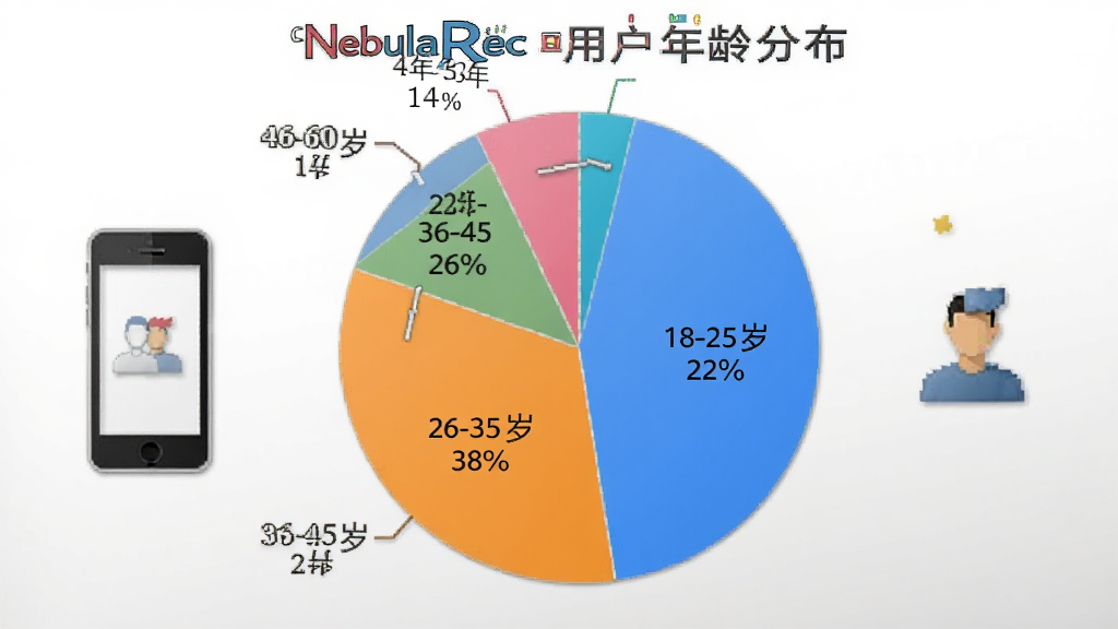 һ��չʾNebulaRec�û�����ֲ���״ͼ��AI��ͼ������������һ����ɫ��״ͼ����Ϊ�ĸ��������򣬷ֱ��ע18-25��22%��26-35��38%��36-45��26%��46-60��14%����ͼ�Ա����ֻ����û�ͼ�꣬�����ǰ�ɫ��ǳ��ɫ���䣬���������ݿ��ӻ���ϸ�����������ʸɾ����޶���Ԫ��
