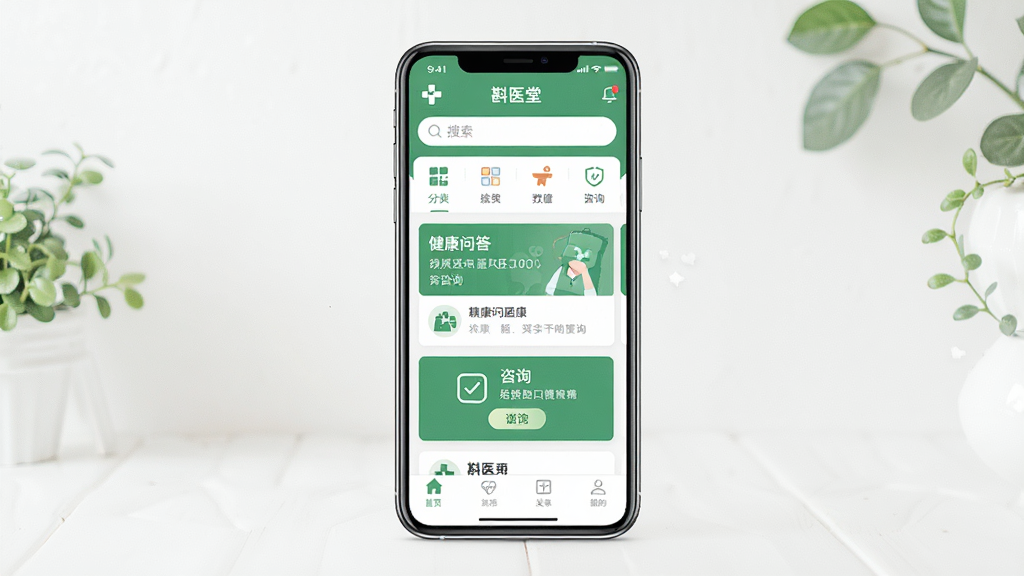 һ��չʾ����ҽ�á��ֻ�Ӧ���������ͼƬ������������һ�������ֻ�����Ļ����ʾ����ҽ�á�Ӧ�õ���ҳ���Ϸ���������ͷ���ͼ�꣬�м��ǽ����ʴ�Ƭ����ѯ��ڣ��·��еײ��������������ɾ���࣬������������Ȼ��������ɫ�Ͱ�ɫ��ɫ�������������������޶���Ԫ��