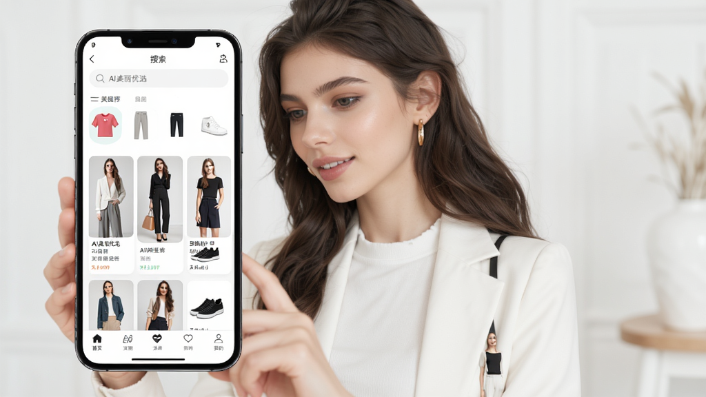 AI������ѡ �ֻ�App������չʾ ������һ��ʱ�е�����Ů������ʹ���ֻ� �ֻ���Ļ��ʾ��Ai������ѡ�����ܴ����Ƽ����� ���� �Ϸ��������� �м����ٲ������Ƭ �ײ��ǵ����� �Ű� ������־���Ĵ�ͼ��Ƭ���� ��� �ִ���Լ �������� ϸ�� ����������� ���� Ь�� ���εȷ���ͼ�� ���� ���� �ɾ� �޶���Ԫ��