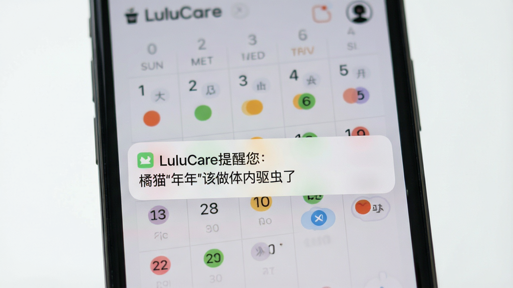 һ��չʾLuluCare�������ѹ��ܵ���ϸ���棬����������һ���ֻ�����Ļ����֪ͨ����������д�š�LuluCare����������è�����ꡯ�������������ˡ����ֻ�������ģ�����������棬�����ϱ���˶����ɫԲ�㣬��������ˬ�����ʸɾ��޶���Ԫ�أ�UI��Ƽ�����ˡ�