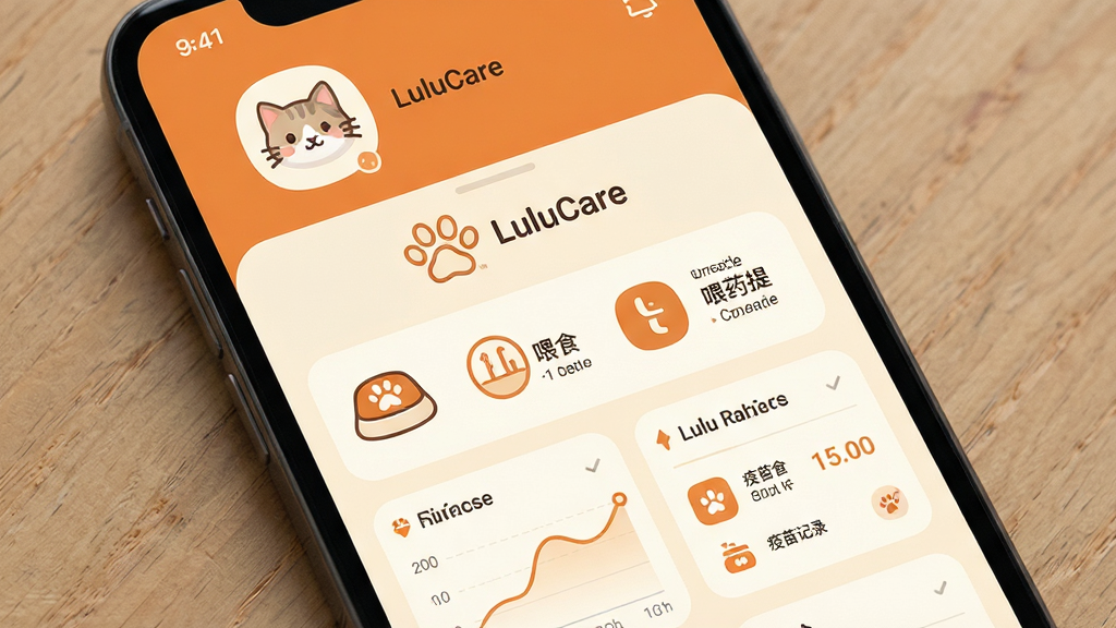 һ���ֻ���ĻչʾLuluCareӦ�����������ϸ���棬����������LuluCare��Logo�����ƣ����沼���������Ϸ���ʾè��ͷ������֣��м��ǽ��մ���������ιʳ����ʺ��ιҩ���ѣ��·�����������ͼ�������¼��Ƭ����������ܰ���£���ů��ɫ���װ�ɫΪ��ɫ����ͼ��Բ��ɰ������ʸɾ��޶���Ԫ�أ�ϸ�ڷḻ��UI����ִ���ƽ����