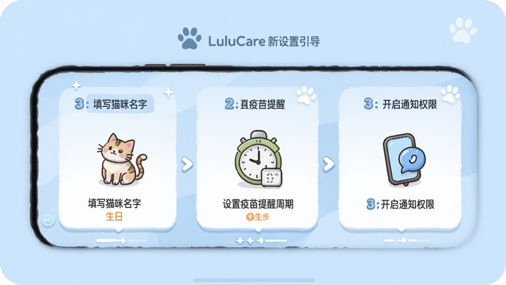 һ��չʾLuluCare������������ҳ�����ϸ���棬��������һ���ֻ���Ļ����Ļ����ʾ�ֲ�������Ƭ����һ������дè�����ֺ����գ��ڶ��������������������ڣ��������ǿ���֪ͨȨ�ޣ���Ƭ���м򵥵Ĳ廭ͼ�꣬����������Ϸ���ֽ̳̣���������͵�ǳ��ɫ�����ʸɾ��޶���Ԫ�أ�UI����Ѻ����С�