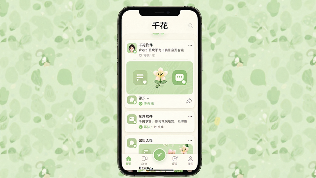 һ��չʾǧ���������Ľ�����ֻ���ͼ������������ǧ��App����ҳ��������ʾ��ǧ����Logo���м��Ƕ�̬��Ϣ����Ƭ���������ͼ�꣬�ײ�������������������ɫ��ů�׺�ǳ��Ϊ������������£�ϸ��Բ�󣬻��ʸɾ��������޶���Ԫ�أ�UI����ִ���ƽ��