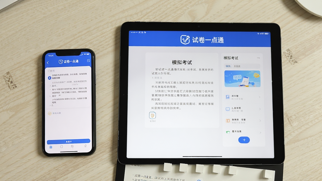 �ֻ���ƽ�岢��չʾ�Ծ�һ��ͨӦ�ã��ֻ���Ļ��ʾ������棬ƽ����Ļ��ʾģ�⿼�Խ��棬�������С��Ծ�һ��ͨ����ʶ������ǳɫ���棬�����ʵ��Ʒչʾ�������������޶���Ԫ��