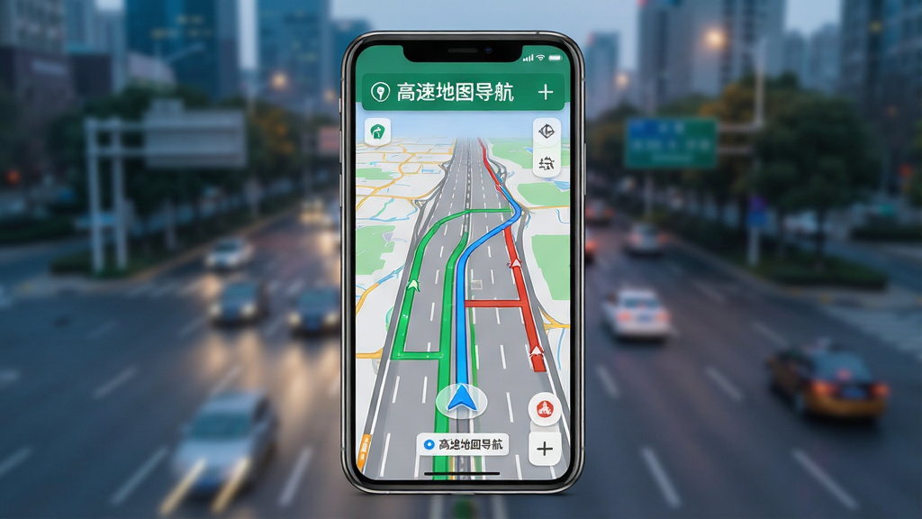 һ��չʾ�����ٵ�ͼ������App�������ͼƬ���������ֻ���Ļ����Ļ����ʾ�Ÿ��ٹ�·��ͼ�͵���·�ߣ�����Ϊ�ֻ����аڷţ�������ģ���ĳ��е�·�黯�������Ű��࣬����ִ��Ƽ��У�ϸ���ϵ�ͼ������ɫ������ͷ����ɫ��ͨ·�κͺ�ɫӵ����ʾ�����������ɾ��޶���Ԫ�أ�ͼƬ�����ֱ�ע�����ٵ�ͼ������