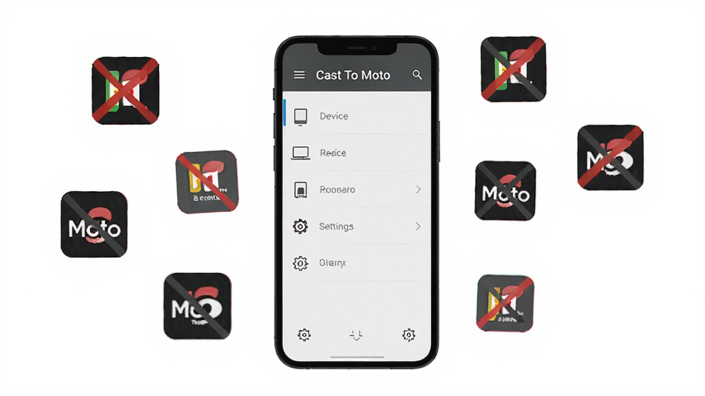 һ��չʾ Cast To Moto ����޹������ͼƬ��������һ���ֻ����ֻ���Ļ����ʾ Cast To Moto �������棬����ǳ��ɾ���ֻ���豸�б��ͼ����򵥵�����ͼ�꣬û���κι�������ֻ���ΧƯ���ű������Ĺ��ͼ�꣬��ʾ�޹�档���־��У��ֻ�Ϊ���塣������£���ɫ����Ϊ�������ʸɾ����޶���Ԫ�ء�