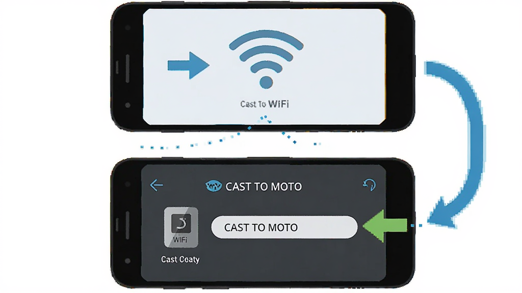 һ��չʾ Cast To Moto ���ֲ��������ͼƬ��������һ���ֻ���Ļ����Ļ����ʾ������WiFi��ʾ��ͼ�� Cast To Moto ���豸�������档���ַ�Ϊ���������֣��ϰ벿�����ֻ�����WiFi��ͼ�꣬�°벿���� Cast To Moto �������豸��׼�����ӵĽ��档���Ϊ��ƽ����Ϣͼ���ɫ�����졣ϸ�����м�ͷ�����û����������ʸɾ����޶���Ԫ�ء�