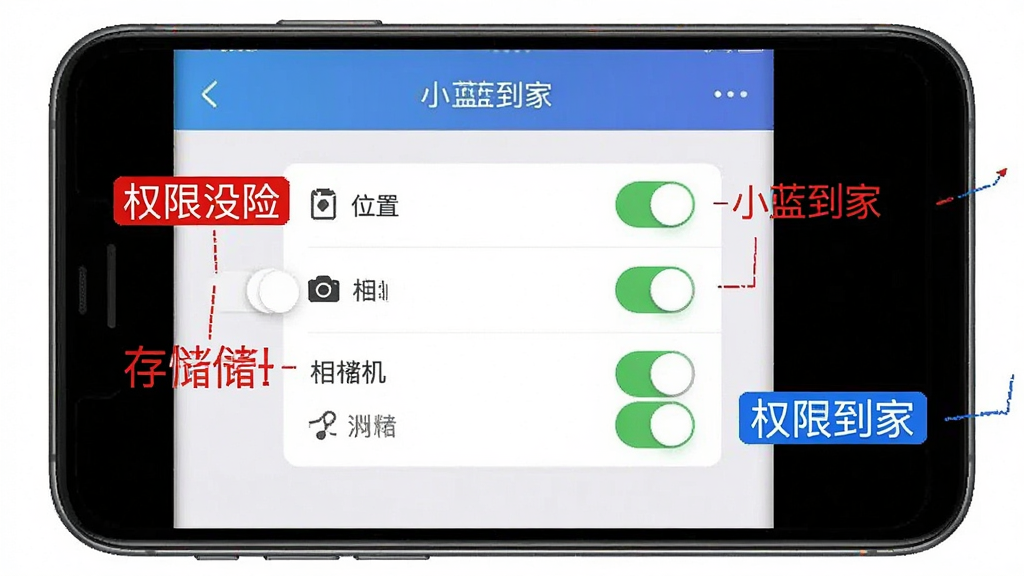 һ���ֻ���Ļ��ͼ��չʾ��С�����ҡ�App��Ȩ�����ý��棬��������λ�á�������洢��Ȩ�޿��أ��Ա��к�ɫ����ɫ����ʾ���ֱ�ע����������������ʸɾ����޶���Ԫ��