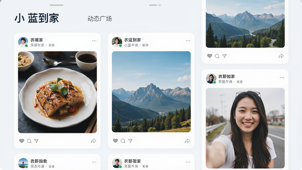 һ��չʾ��С�����ҡ�App��̬�㳡ҳ���ͼƬ���������ж���û�������ͼ�Ķ�̬��Ƭ����Ƭ������ʳ���羰��������Ƭ�����沼��Ϊ�ٲ�����ʽ��������¼�࣬���ʸɾ����޶���Ԫ��