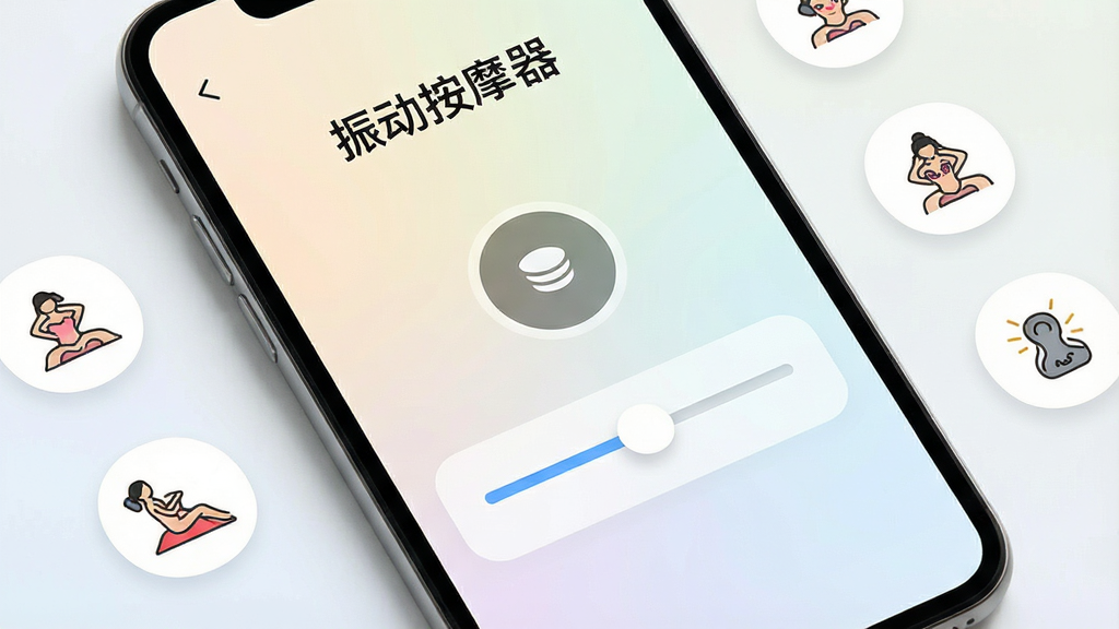 һ��չʾ�����ֻ���Ļ��д��ͼƬ����Ļ������ʾ�š��񶯰�Ħ����App�������棬������Ƽ�࣬��һ��Բ�ε��𶯿��ذ�ť��һ��������ǿ���Ļ��ˣ���������͵�ǳɫ���䣬��Χɢ���ż���������Ħ���ɵ�Сͼ�꣬������ɾ��ִ��������������޶���Ԫ��