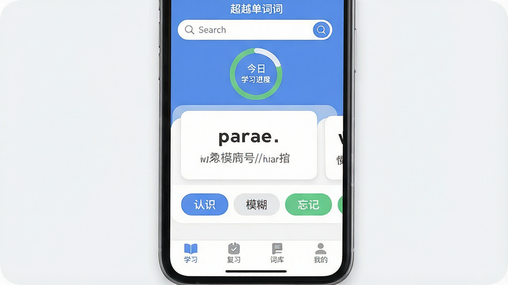 һ��չʾ����Խ���ʡ�App���Ľ������ϸ����ͼ������Ϊһ�������ֻ�����Ļ��ʾ����Խ���ʡ�Ӧ����ҳ�棬������������ͽ���ѧϰ���Ȼ����м��ǵ��ʿ�Ƭչʾ������Ƭ��д��Ӣ�ĵ��ʺ��������壬�·�����ʶ��ģ������������������ť���ײ���������ѧϰ����ϰ���ʿ⡢�ҵ��ĸ�ͼ�꣬���ּ���������Ű����½ṹ������ִ���ƽ����ϸ��Բ�󣬻��ʸɾ����޶���Ԫ��