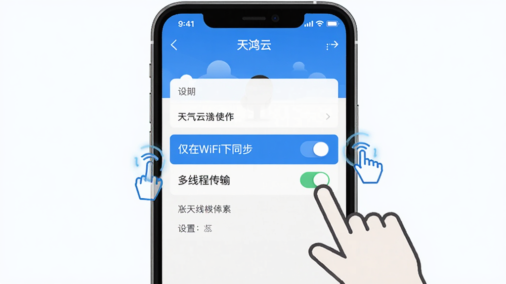 ����� ʹ�ý̳�ʾ��ͼ���ֻ���Ļ��ʾ�����APP������ҳ�棬ҳ���и�����ע������WiFi��ͬ�����͡����̴߳��䡱����ѡ��أ��Ա�����ָ�����ͼ��ʾ�⣬����Ϊ������ɫ��������࣬����ƽ���������������޶���װ��Ԫ��