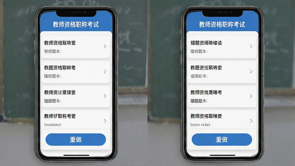 ��ʦ�ʸ�ְ�ƿ���App���Ȿ���棬�ֻ���Ļ��ʾ�����б���������ť�������С���ʦ�ʸ�ְ�ƿ��ԡ���ʶ������Ϊ��ɫ��Ƭʽ��ƣ��������룬���ɾ������������޶���Ԫ��