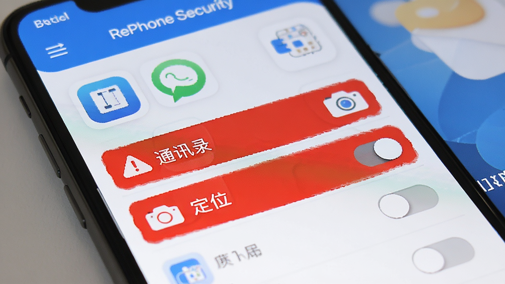 RePhone Security ��˽Ȩ�޹������棬����չʾһ���ֻ���Ļ����Ļ���г����Ӧ��ͼ��Ͷ�Ӧ��Ȩ�޿��أ��ص�ͻ��'ͨѶ¼''��λ''���'������Ȩ�ޱ����Ϊ��ɫ��ʾ״̬����������ˬ��������ɫ��ͼ��������࣬�����ɾ����޶���װ��Ԫ��