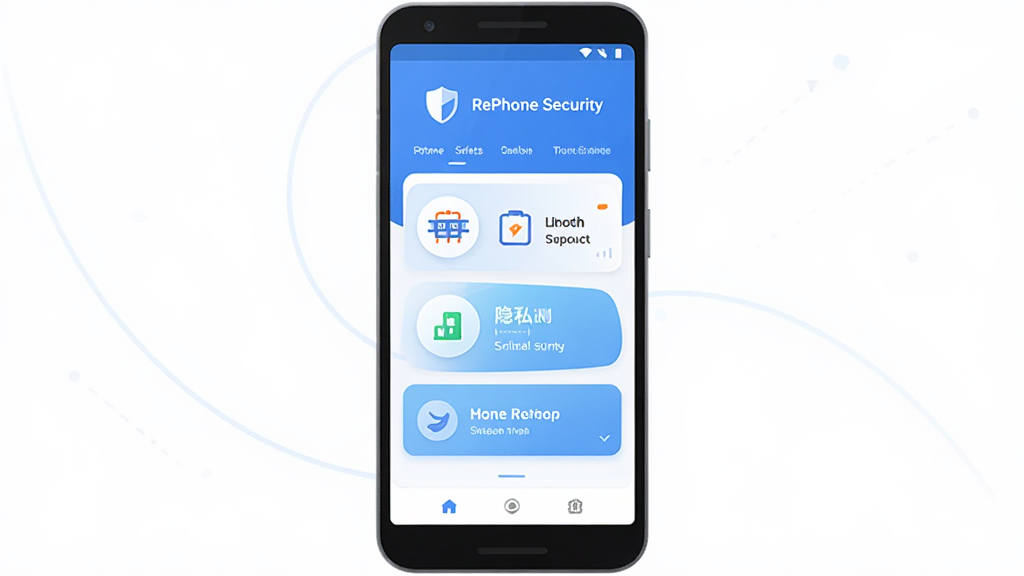 RePhone Security �ֻ���ȫ����App������չʾ������������һ����׿�ֻ�����Ļ��ʾ����ɫ���İ�ȫ����Ǳ��̣������ж���ͼ���'RePhone Security'�������м��ǲ���ɨ�衢��˽��⡢��������������ܿ�Ƭ���ײ�Ϊ�ɾ���״̬�������岼�ּ���ִ�����ƽ����Ʒ��ϸ��Բ�󣬻��ʸɾ��޶���Ԫ��