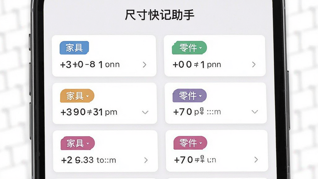 �ߴ�������App�ļ�¼�б����棬��Ļ����ʾ�Ŷ�������ǩ�ĳߴ��¼��Ƭ����ǩ��ɫ���죬�С��Ҿߡ������ϡ���������ȷ��࣬������������������ִ���ƽ�������ʸɾ��޶���Ԫ�أ������С��ߴ������֡�����