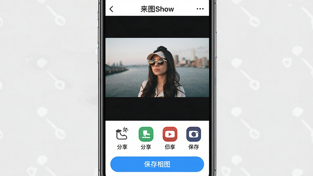 һ��չʾ��ͼShow�������������ͼƬ���������ֻ���Ļ����Ļ����ʾ��ͼShow�ĵ���ҳ�棬����Ϊ�м��Ǳ༭��ɵ���Ƭ����ͼ���·��Ƿ�������ƽ̨��ͼ��ͱ��浽���İ�ť���Ű��࣬���Ϊ�ִ���ƽ����ϸ����ƽ̨ͼ����������ť��ɫ��Ŀ�����ʸɾ��޶���Ԫ�أ���Ļ�Ͽɼ�����ͼShow��������