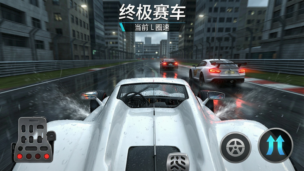 一张展示终极赛车游戏雨天赛道画面的图片,画面中一辆白色的赛车在湿滑的城市赛道上疾驰,轮胎溅起水花,雨滴打在挡风玻璃上,后视镜里能看到对手的车灯,画面下方有油门刹车和氮气按键的UI,画面上方显示“终极赛车”和当前圈速,风格写实,画质清晰,无多余元素