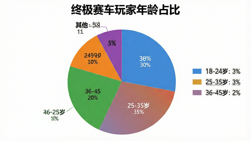 一张展示终极赛车玩家年龄分布的饼状图,图表标题为“终极赛车玩家年龄占比”,饼图分为五个扇区,18-24岁占30%,25-35岁占35%,36-45岁占20%,46-60岁占10%,其他占5%,每个扇区用不同颜色区分并有图例标注,背景干净整洁,风格简洁明了,画质清晰,无多余元素