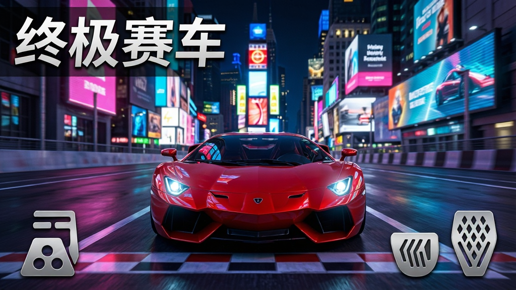一张展示终极赛车游戏主界面的横版图片,画面中心是一辆流线型红色超级跑车停在城市夜景的起跑线上,霓虹灯光反射在车身上,背景有摩天大楼和电子广告牌,画面左上角写着“终极赛车”四个大字,整体风格是写实的3D竞速游戏画面,布局采用经典的赛车游戏UI,下方显示油门和刹车图标,画质清晰锐利,色彩饱和度高,无多余杂乱元素