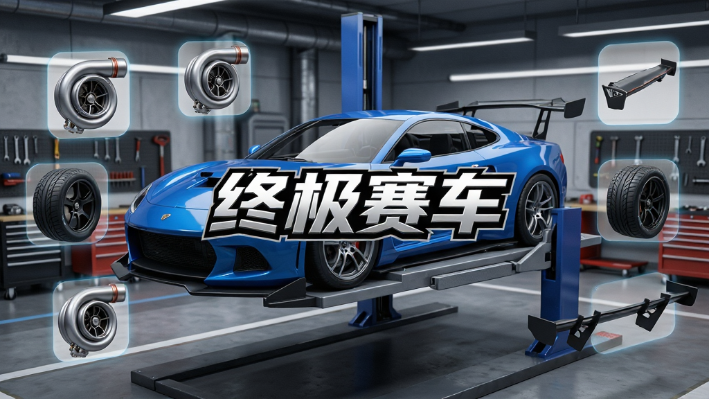 一张展示终极赛车游戏改装界面的图片,画面中一辆蓝色的跑车停在车库升降机上,周围环绕着各种改装零件如涡轮增压器、轮胎、尾翼的悬浮图标,背景是科技感十足的维修车间,画面中央有“终极赛车”的logo,风格是写实的3D渲染,布局清晰,画质干净,无多余元素