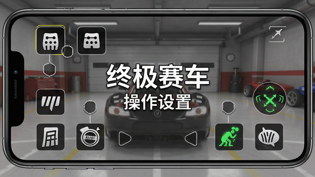一张展示终极赛车游戏操作设置界面的图片,画面中手机屏幕上显示着各种按键自定义选项,有油门、刹车、氮气、手刹的图标可以拖动位置,背景是半透明的车库画面,画面中央写着“终极赛车”和“操作设置”字样,风格简洁直观,画质清晰,无多余元素